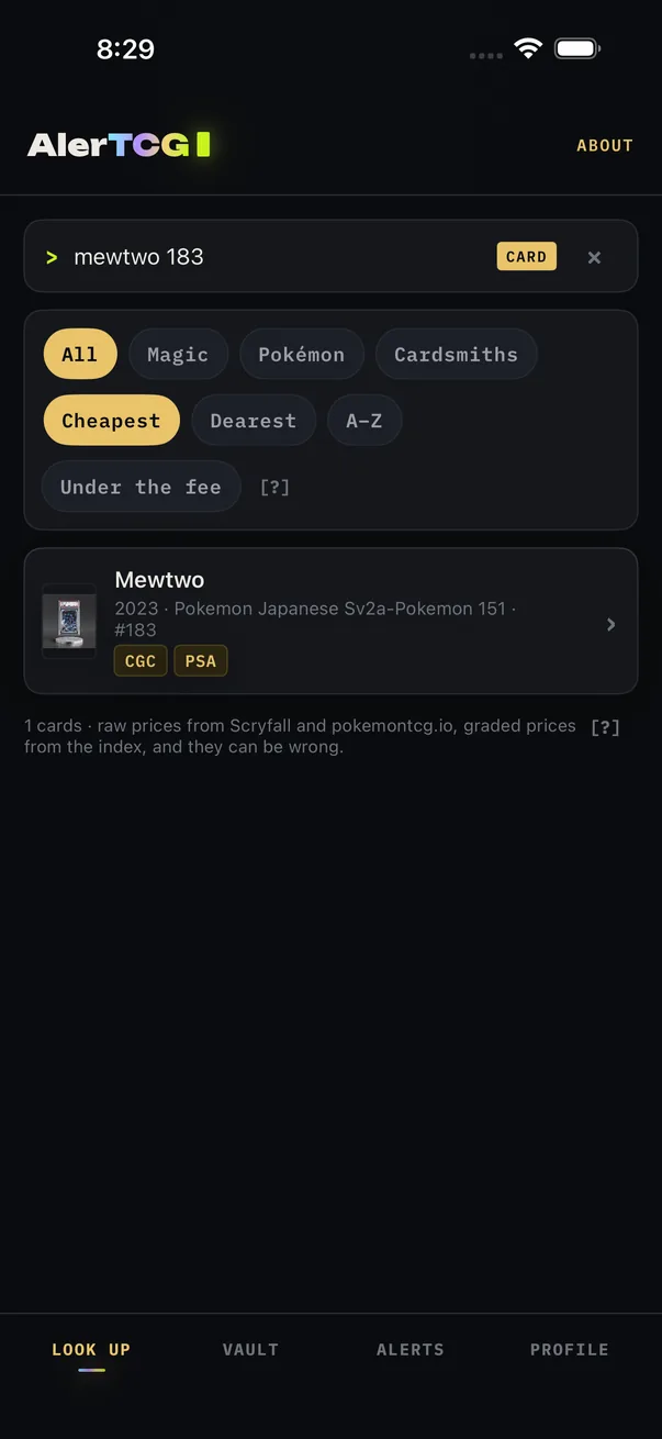 A card name with its number typed, one printing found