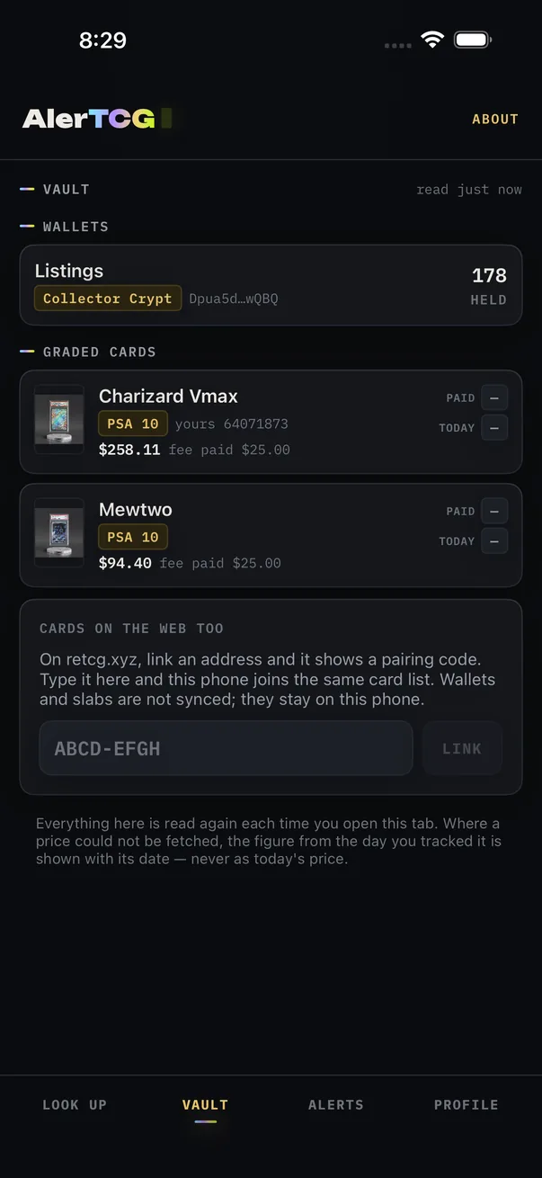 Everything tracked: a wallet and two graded cards with their verdicts