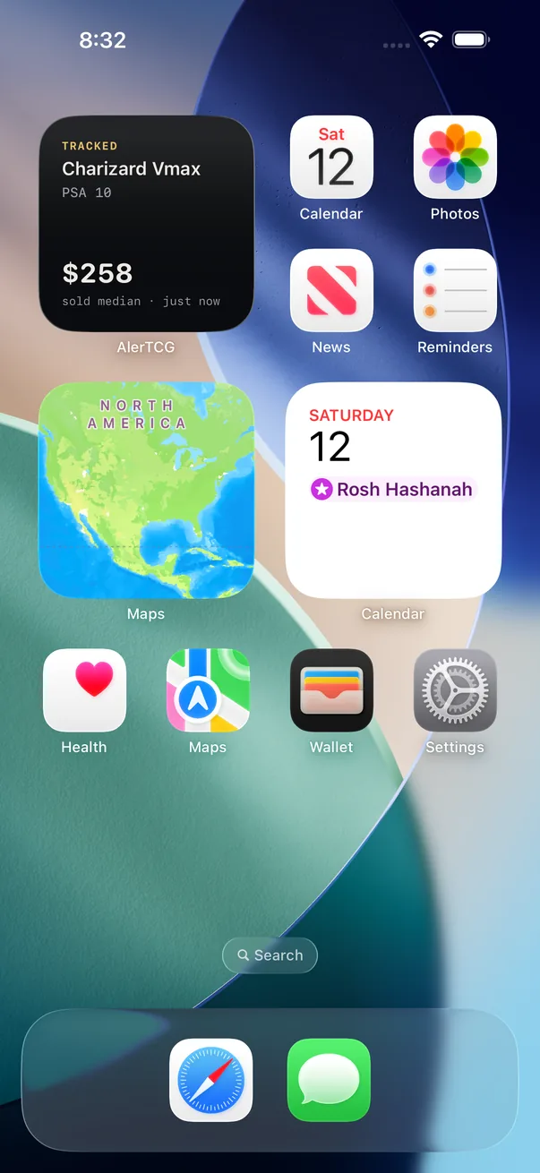 The home screen widget: a tracked graded card, its sold median, and the reading's age