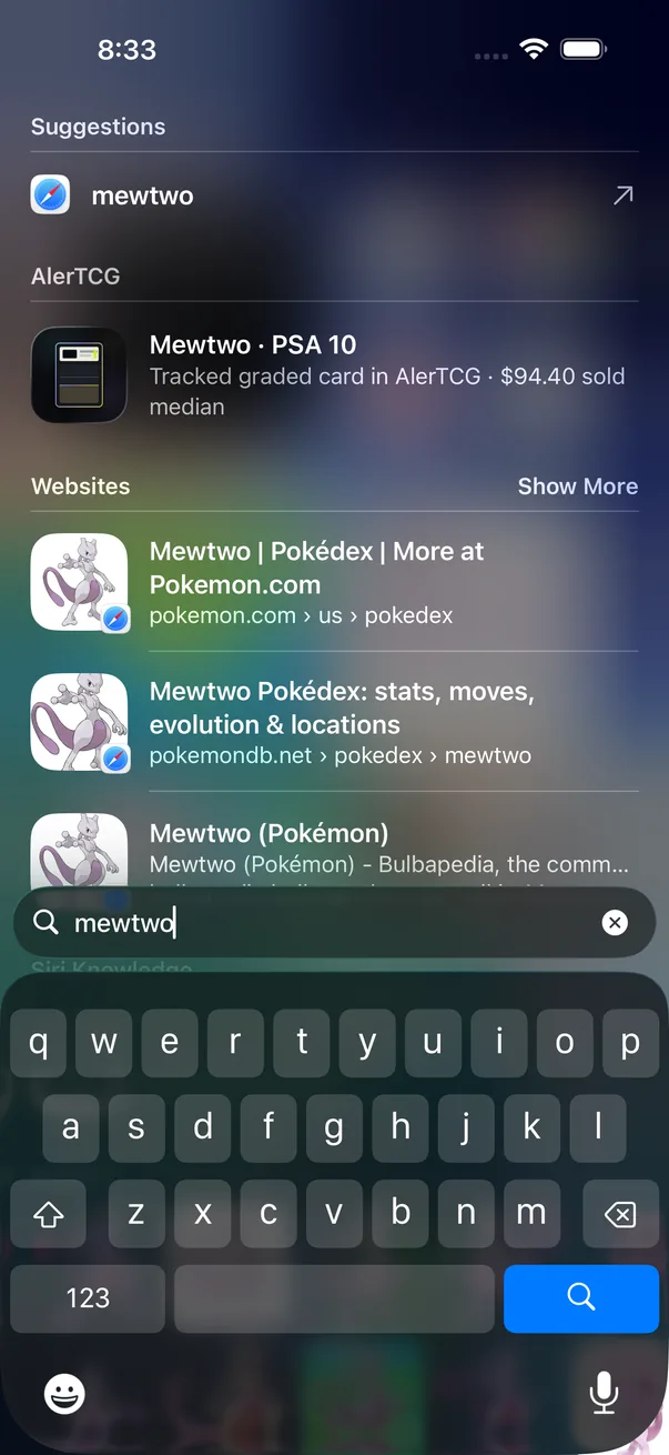Spotlight search for a tracked card, showing it with its sold median